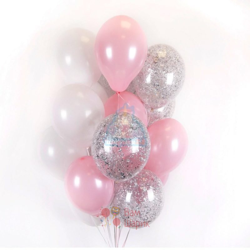 Облако бело-розовых и прозрачных шаров с серебряными блёстками