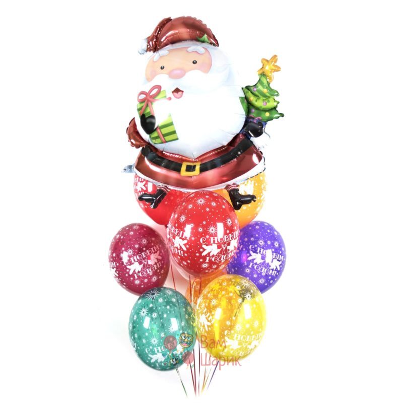Композиция из разноцветных шаров с сантой на новый год