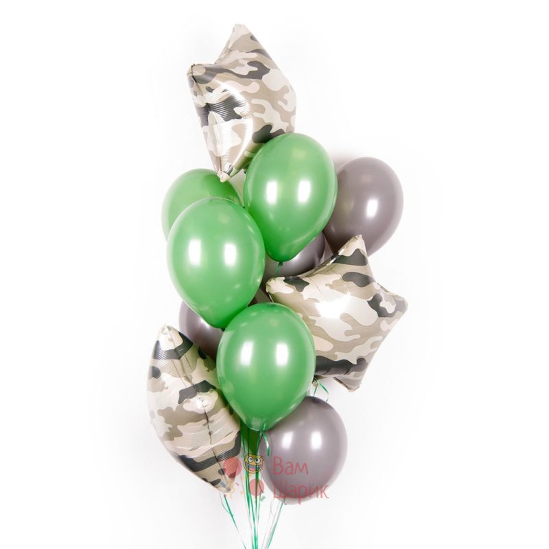 Композиция из серых и зеленые шаров со звездами хаки