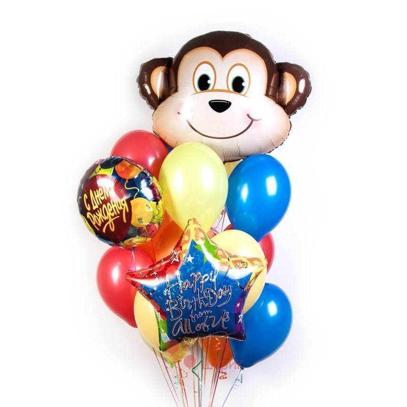 Композиция из воздушных шаров на День Рождения с обезьянкой