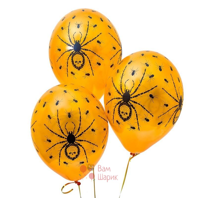 Облако оранжевых шаров с пауками на Хэллоуин