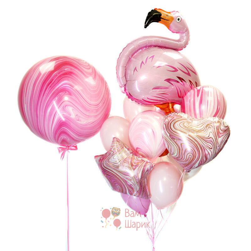 Композиция из шаров с фламинго и большим розовым агатом