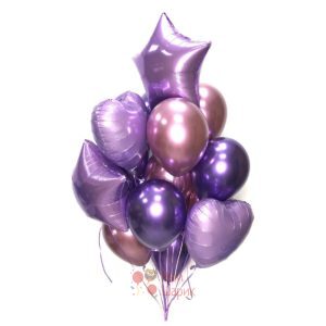 Композиция из розовых и фиолетовых хромированных шаров с сердцами и звездами
