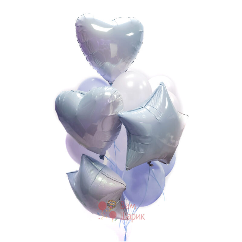 Композиция из бело-голубых шаров с голубыми сердцами градиент