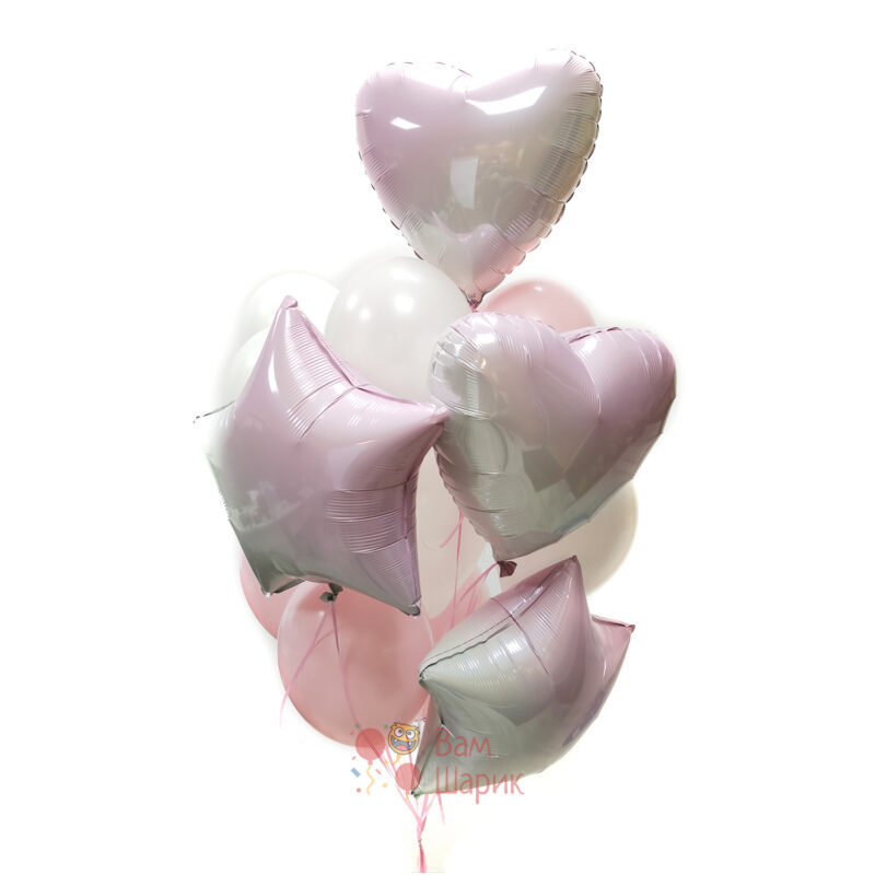 Композиция из бело-розовых шаров с розовыми сердцами градиент