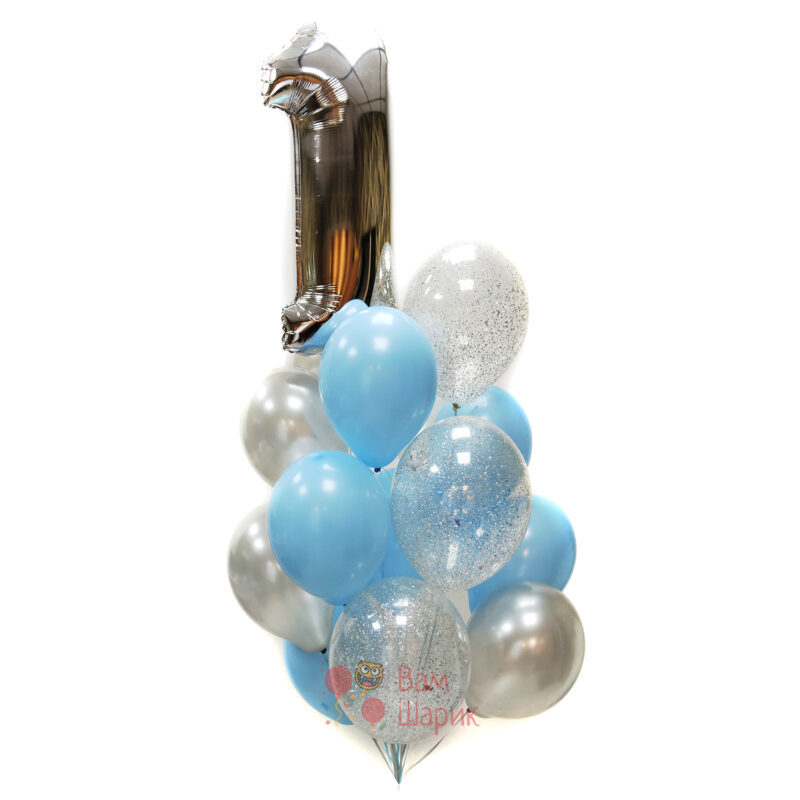 Композиция из серебряных, голубых и прозрачных шаров с серебряными блестками с цифрой