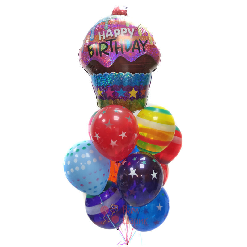 Композиция из шаров серпантин с фольгированным кексом Happy Birthday
