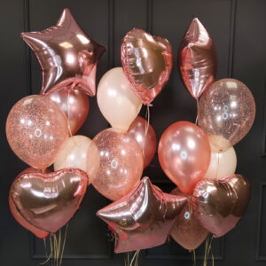 Композиция из воздушных шаров розовое золото со звездами и сердцами
