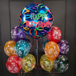 Композиция с большим шаром Happy Birthday! и кристальными шарами