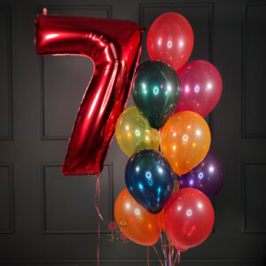 Композиция на день рождения из прозрачных шаров с красной цифрой