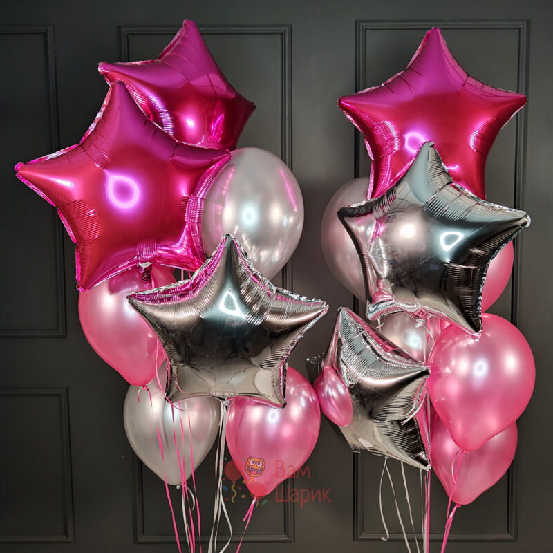 Композиция из серебряных и розовых шаров с гелием со звездами