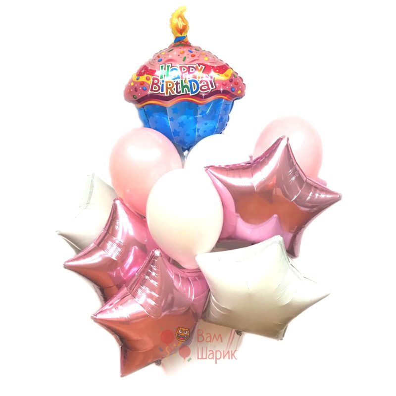 Композиция воздушных шаров с кексиком и звездами на день рождения