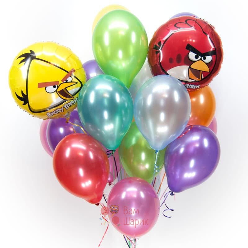 Композиция из разноцветных шаров металлик с Angry Birds