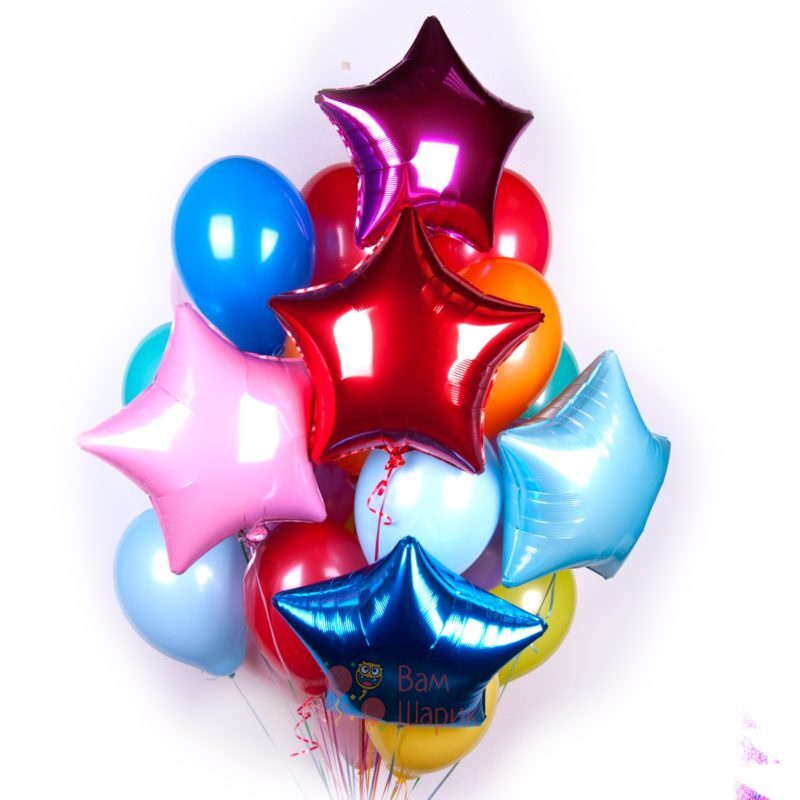 Композиция из воздушных разноцветных шаров со звездами