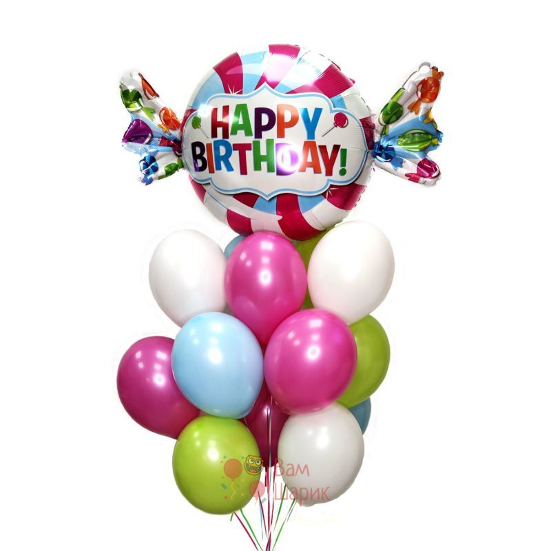 Облако воздушных шаров с гелием с конфетой на день рождения