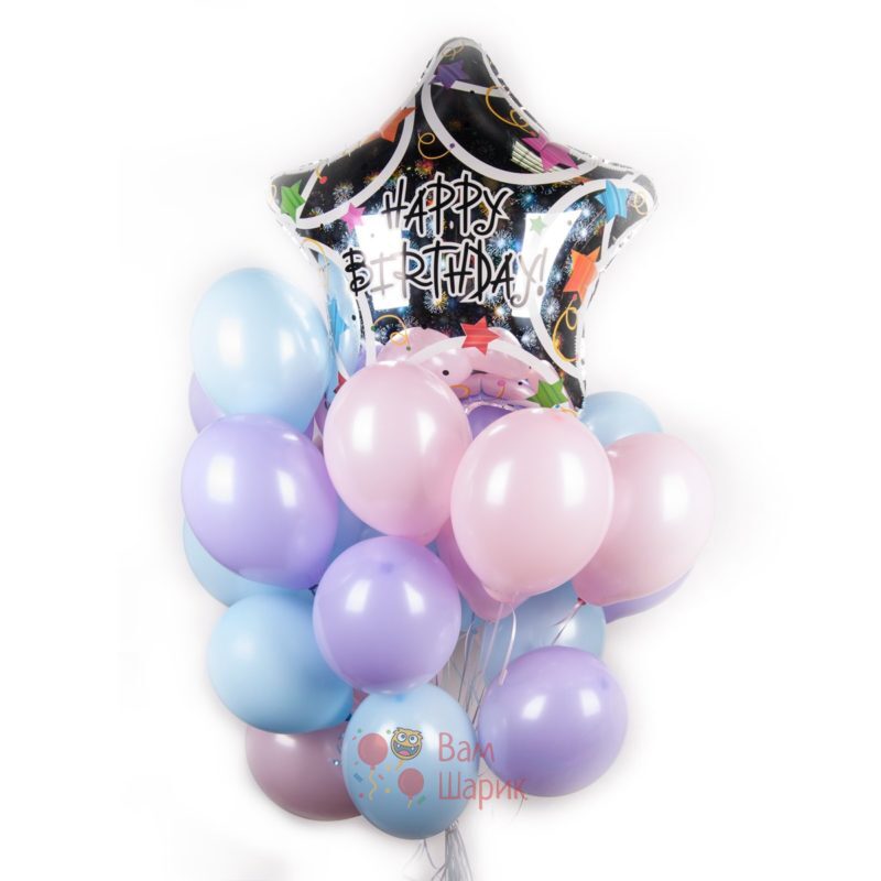 Композиция из воздушных шаров нежных цветов на день рождения с большой звездой Happy Birthday!